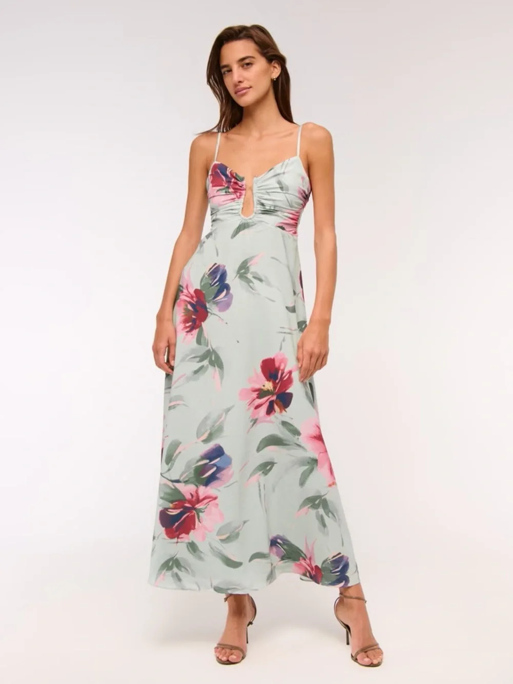 Abercrombie & Fitch Mint Floral Maxi Dress with Pink & Purple Blooms